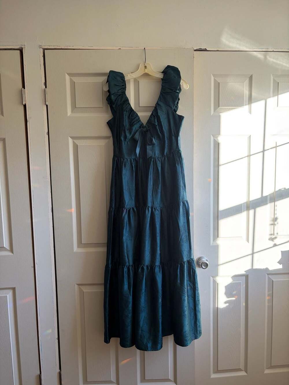 Francesca's Maxi Dress Size S Dark Teal Ruffled Tiered Bow